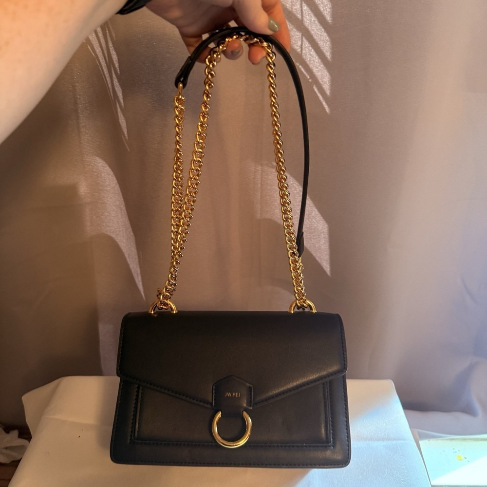JW PEI The Envelope Black Gold Chain Crossbody Purse Bag Smooth Vegan Leather